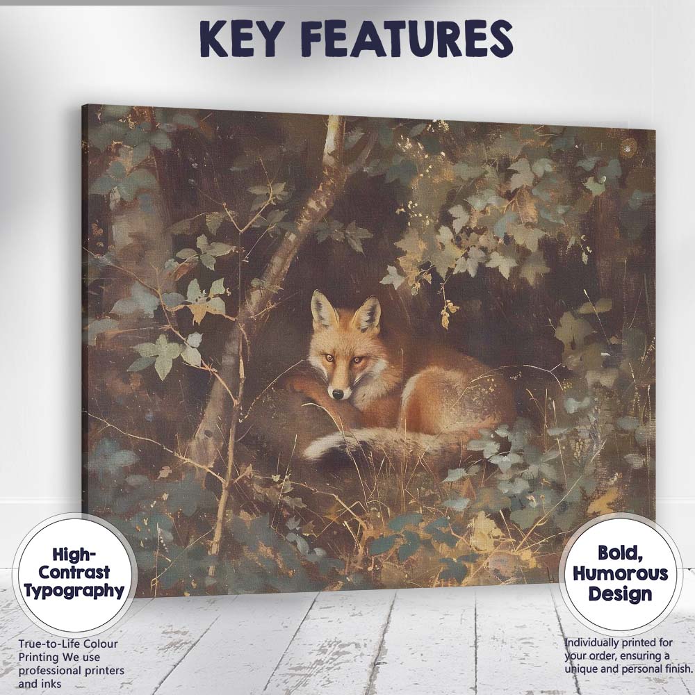 Woodland Red Fox Resting Among Forest Foliage Nature Canvas Wall Art Print Decor Picture Ready to Hang