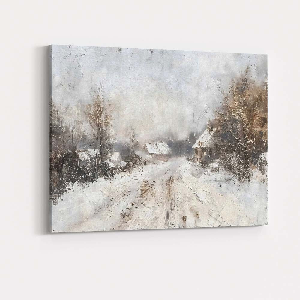 Impressionist Snowy Village Country Lane Winter Landscape Canvas Wall Art Print Decor Picture Ready to Hang