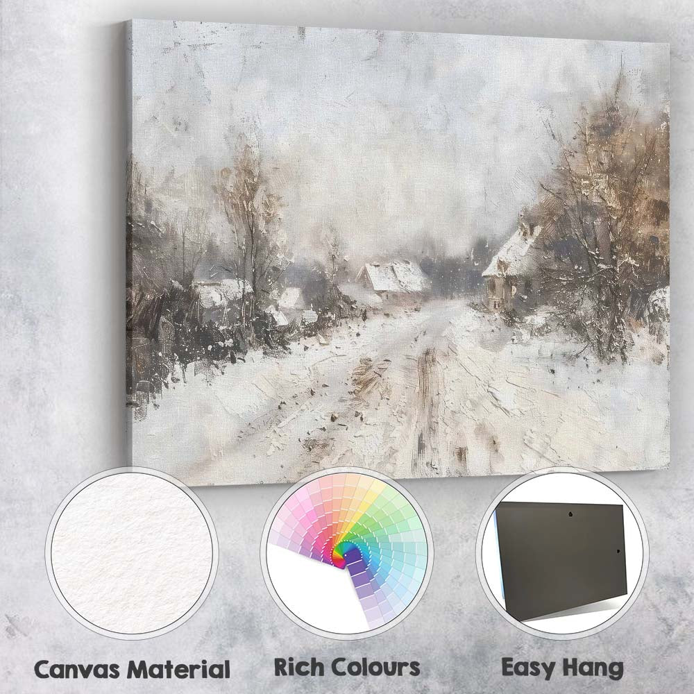 Impressionist Snowy Village Country Lane Winter Landscape Canvas Wall Art Print Decor Picture Ready to Hang