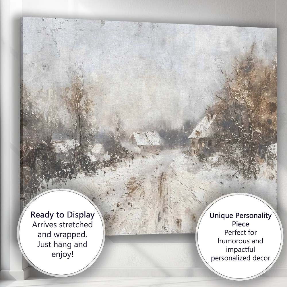 Impressionist Snowy Village Country Lane Winter Landscape Canvas Wall Art Print Decor Picture Ready to Hang