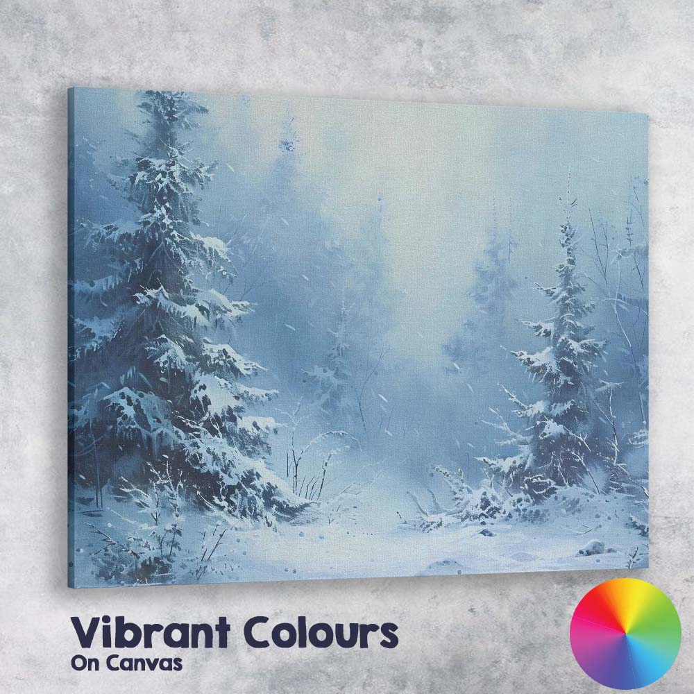 Blue Frosted Evergreen Forest Winter Snow Scene Canvas Wall Art Print Decor Picture Ready to Hang