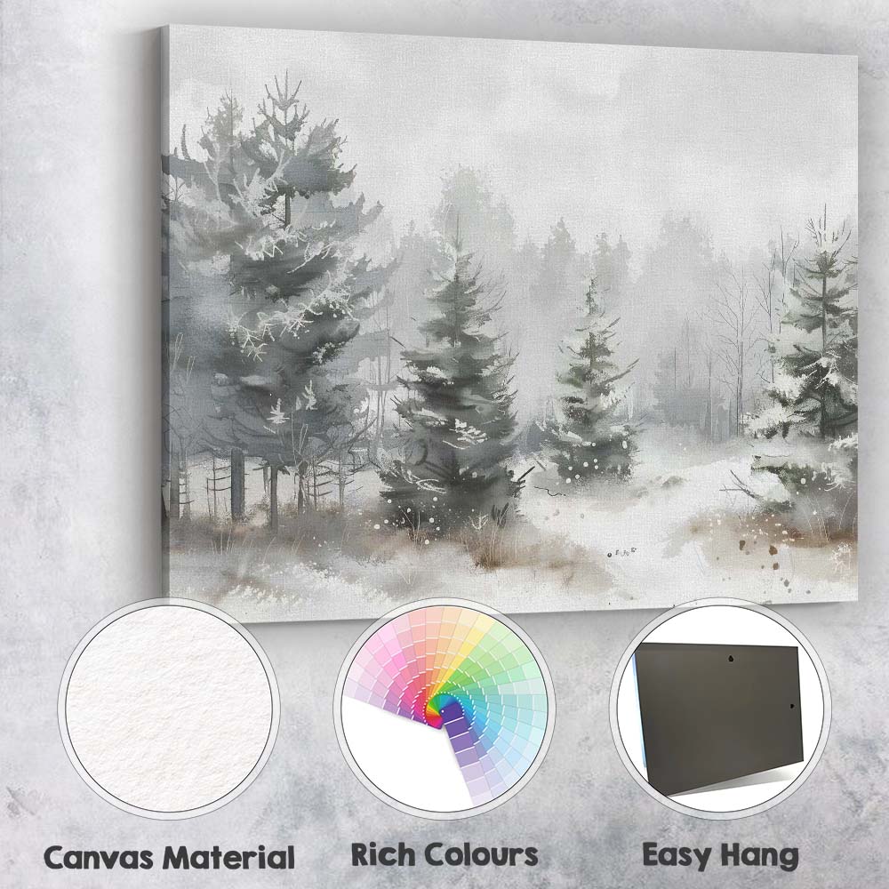 Minimalist Snowy Evergreen Forest Watercolour Landscape Canvas Wall Art Print Decor Picture Ready to Hang