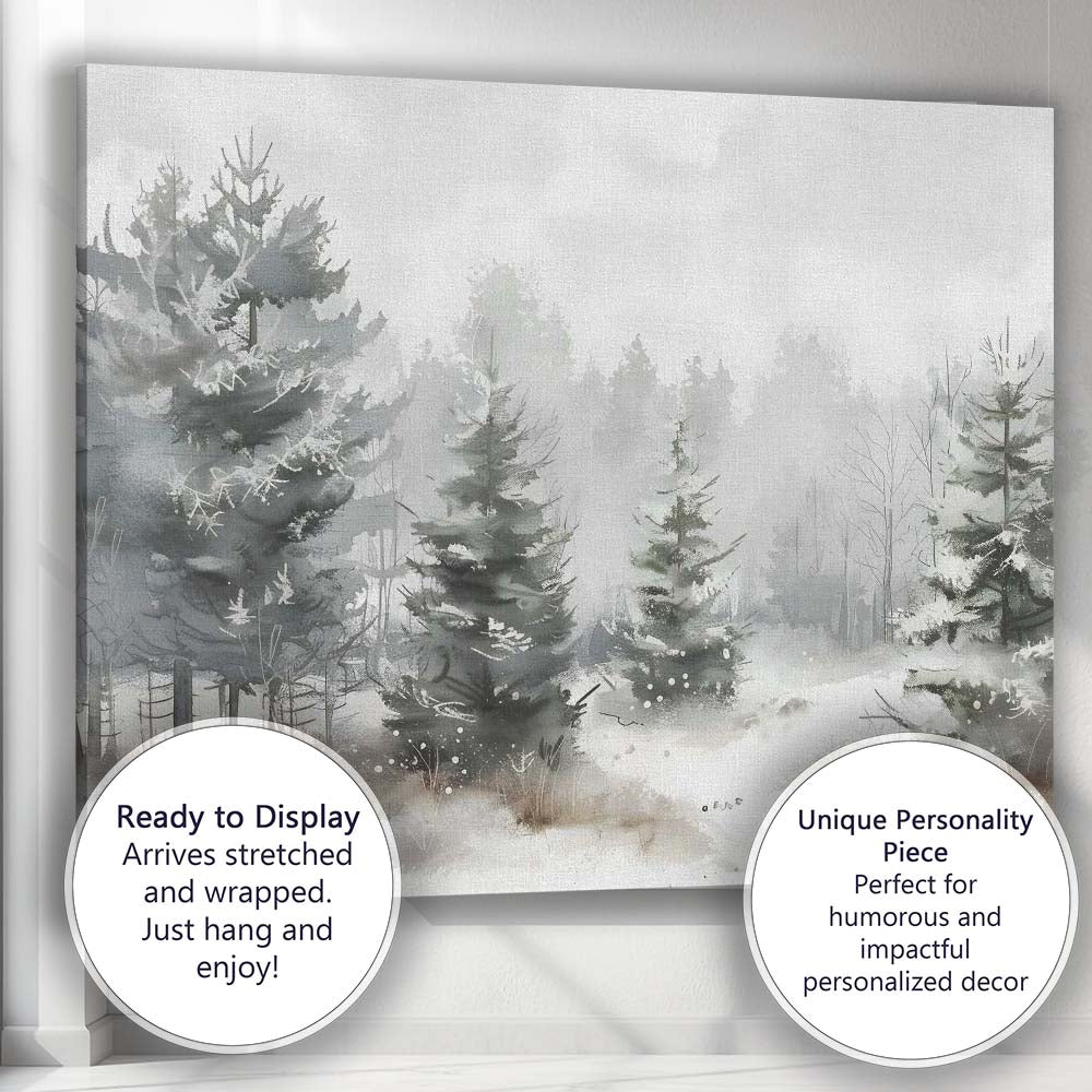 Minimalist Snowy Evergreen Forest Watercolour Landscape Canvas Wall Art Print Decor Picture Ready to Hang