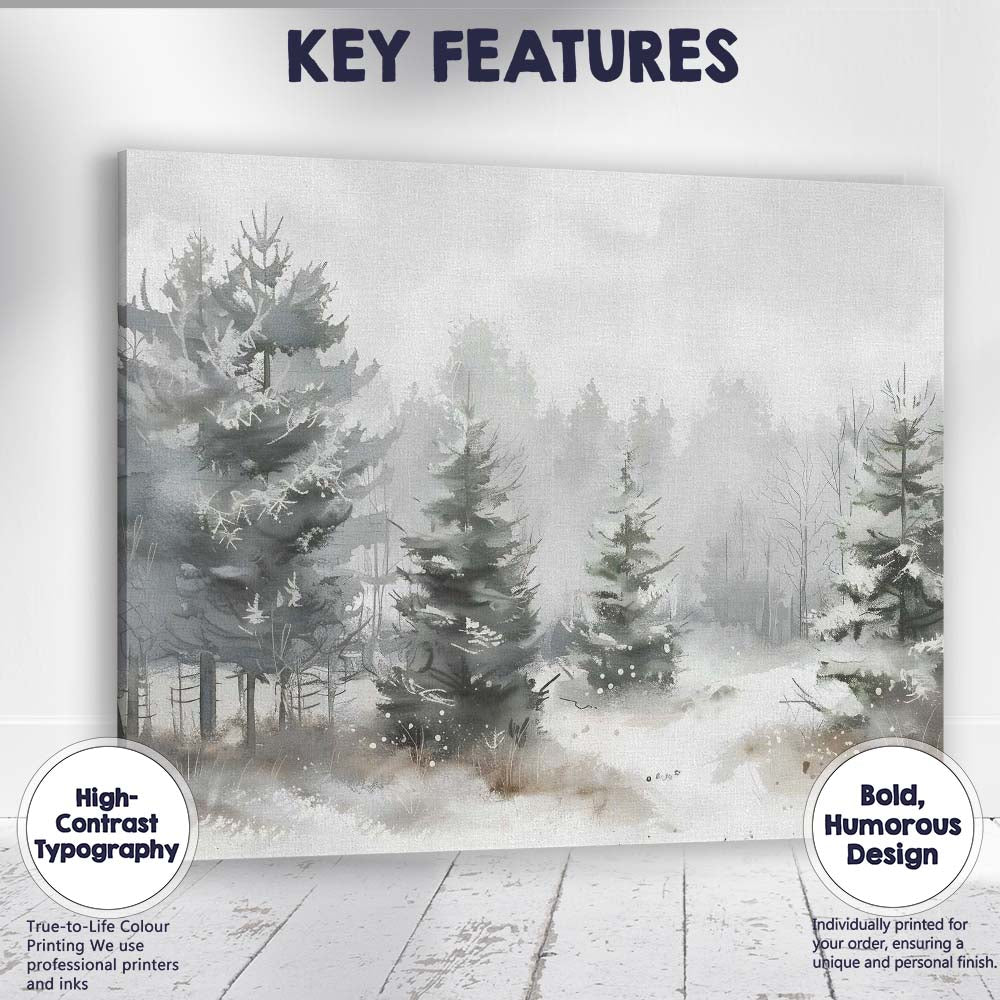 Minimalist Snowy Evergreen Forest Watercolour Landscape Canvas Wall Art Print Decor Picture Ready to Hang