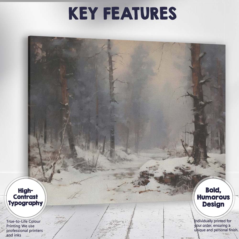 Atmospheric Snow Covered Forest Path Winter Woodland Scene Canvas Wall Art Print Decor Picture Ready to Hang