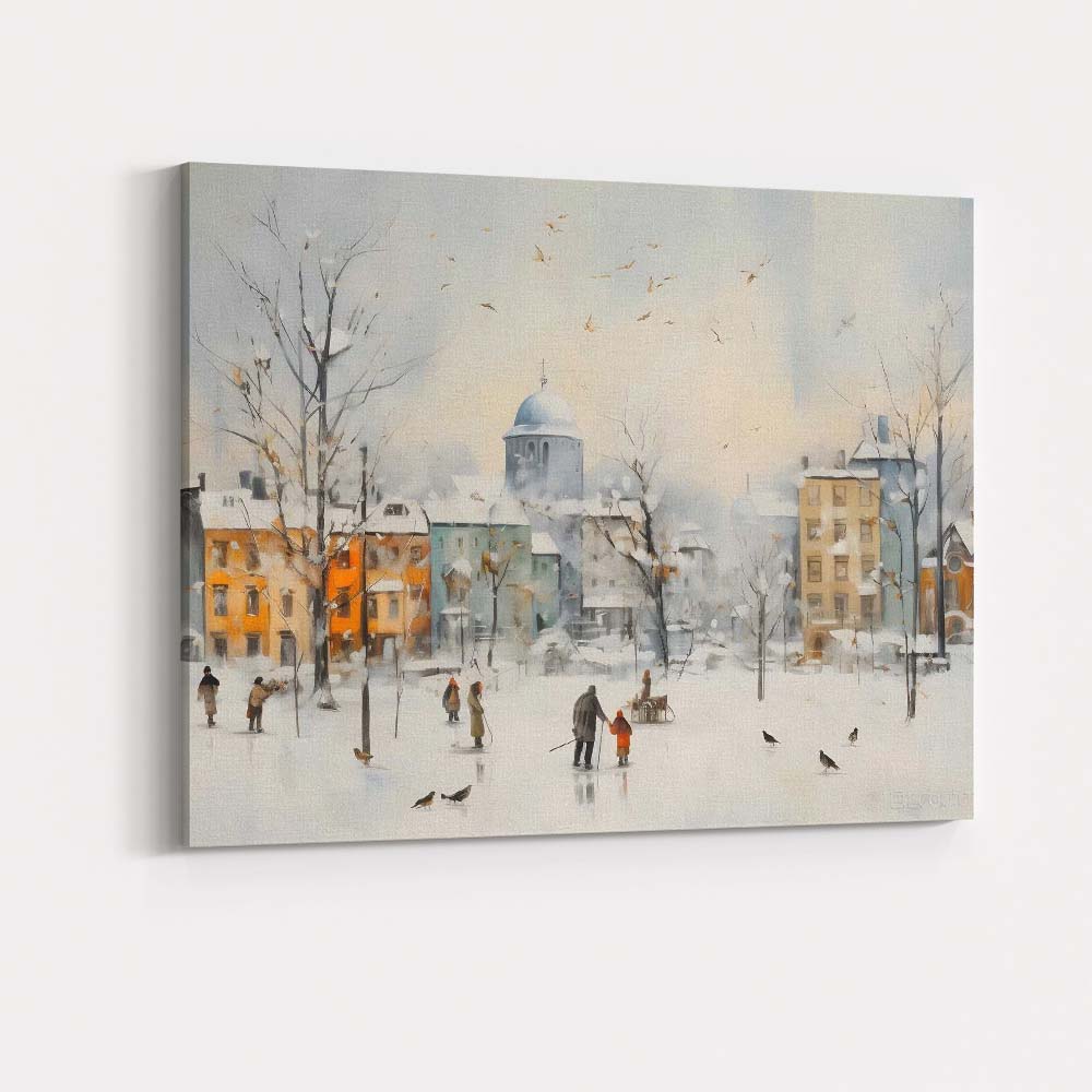 Charming Snowy Town Square Winter Cityscape Watercolour Canvas Wall Art Print Decor Picture Ready to Hang