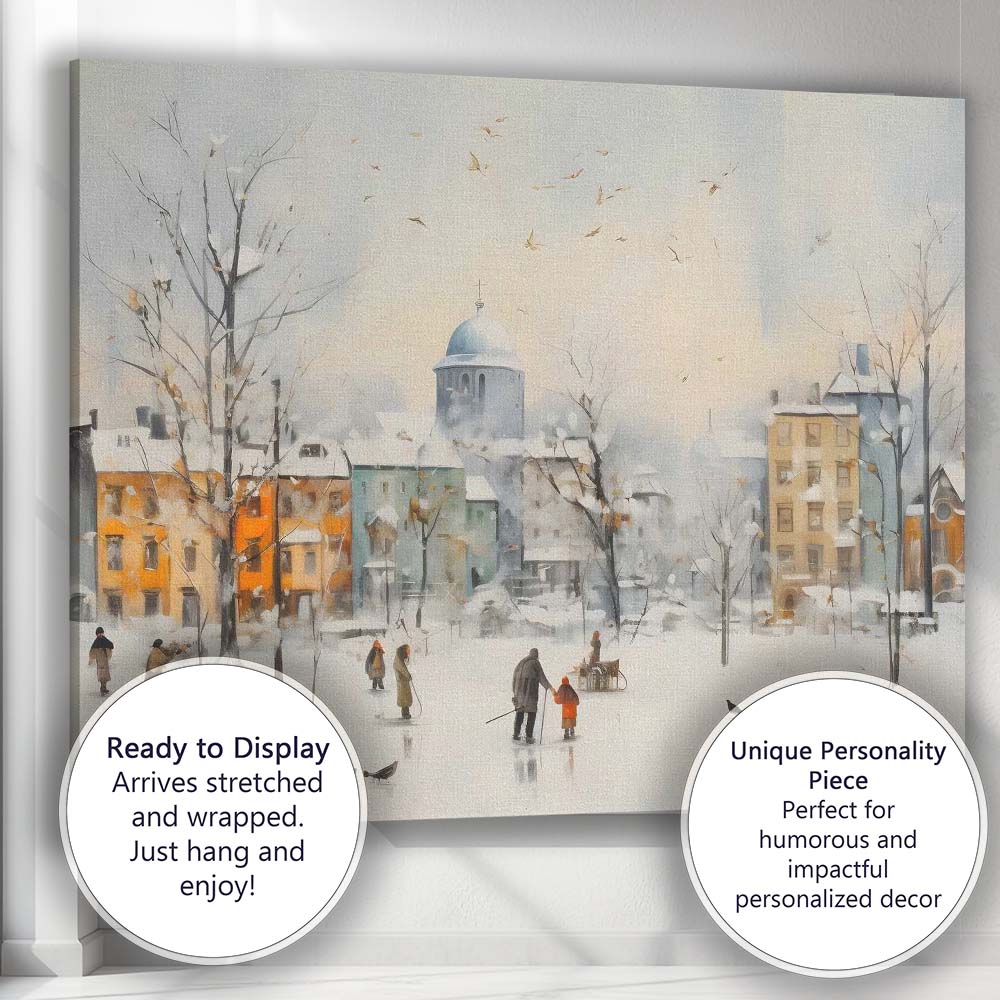 Charming Snowy Town Square Winter Cityscape Watercolour Canvas Wall Art Print Decor Picture Ready to Hang