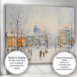 Charming Snowy Town Square Winter Cityscape Watercolour Canvas Wall Art Print Decor Picture Ready to Hang