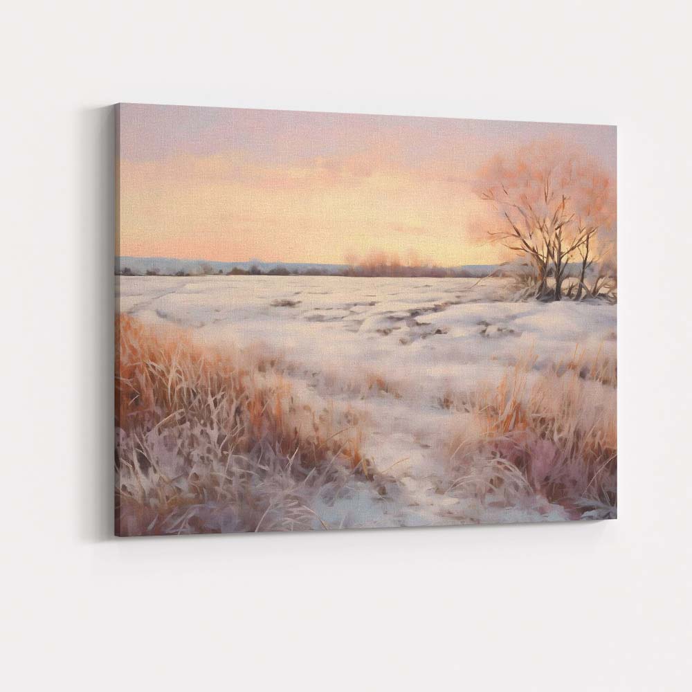 Blush Pink Winter Sunset Snowy Field Landscape Canvas Wall Art Print Decor Picture Ready to Hang