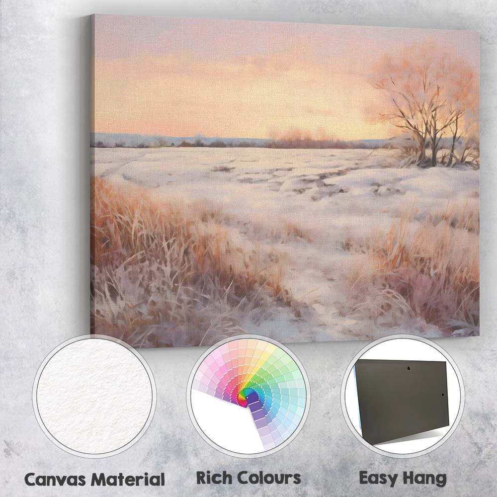 Blush Pink Winter Sunset Snowy Field Landscape Canvas Wall Art Print Decor Picture Ready to Hang