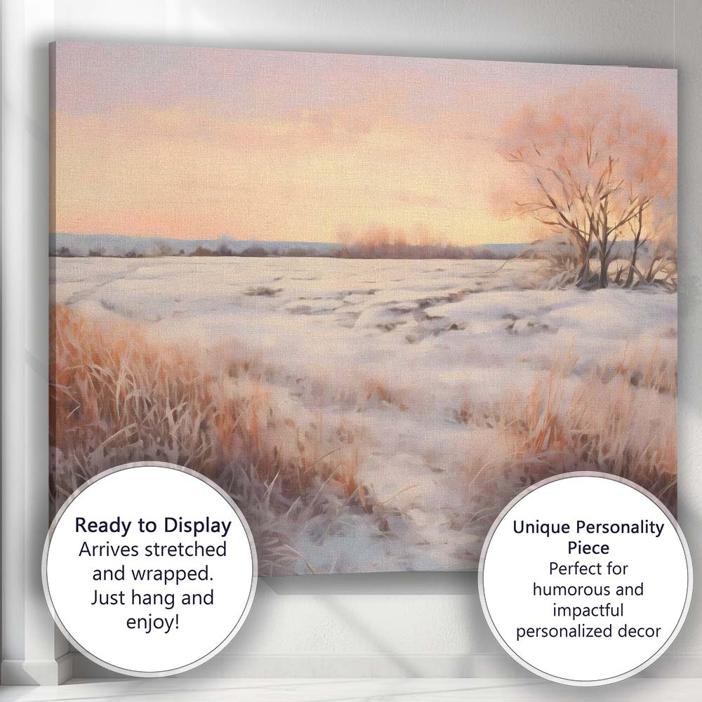 Blush Pink Winter Sunset Snowy Field Landscape Canvas Wall Art Print Decor Picture Ready to Hang