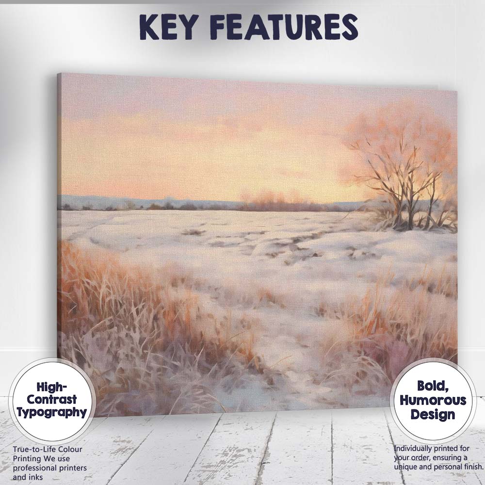 Blush Pink Winter Sunset Snowy Field Landscape Canvas Wall Art Print Decor Picture Ready to Hang