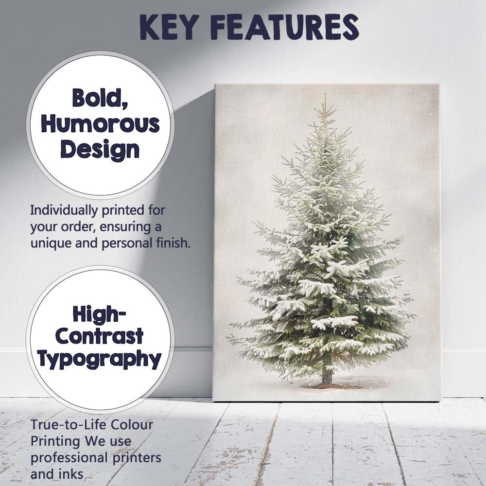 Snow Covered Evergreen Fir Tree Winter Botanical Illustration Canvas Wall Art Print Decor Picture Ready to Hang