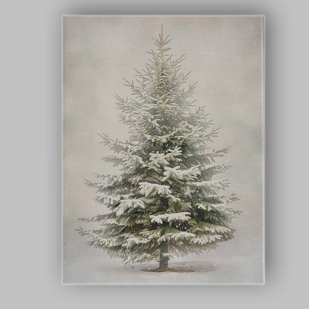 Snow Covered Evergreen Fir Tree Winter Botanical Illustration Canvas Wall Art Print Decor Picture Ready to Hang