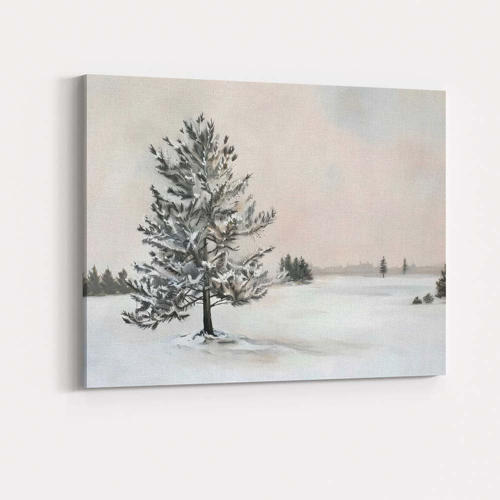 Solitary Frosted Pine Tree Minimal Winter Landscape Canvas Wall Art Print Decor Picture Ready to Hang