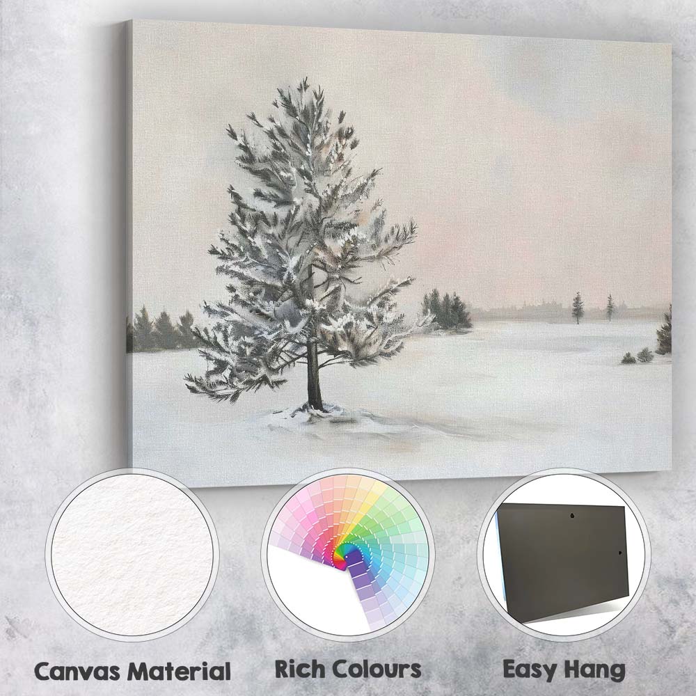 Solitary Snow Covered Pine Tree Minimal Winter Landscape Canvas Wall Art Print Decor Picture Ready to Hang