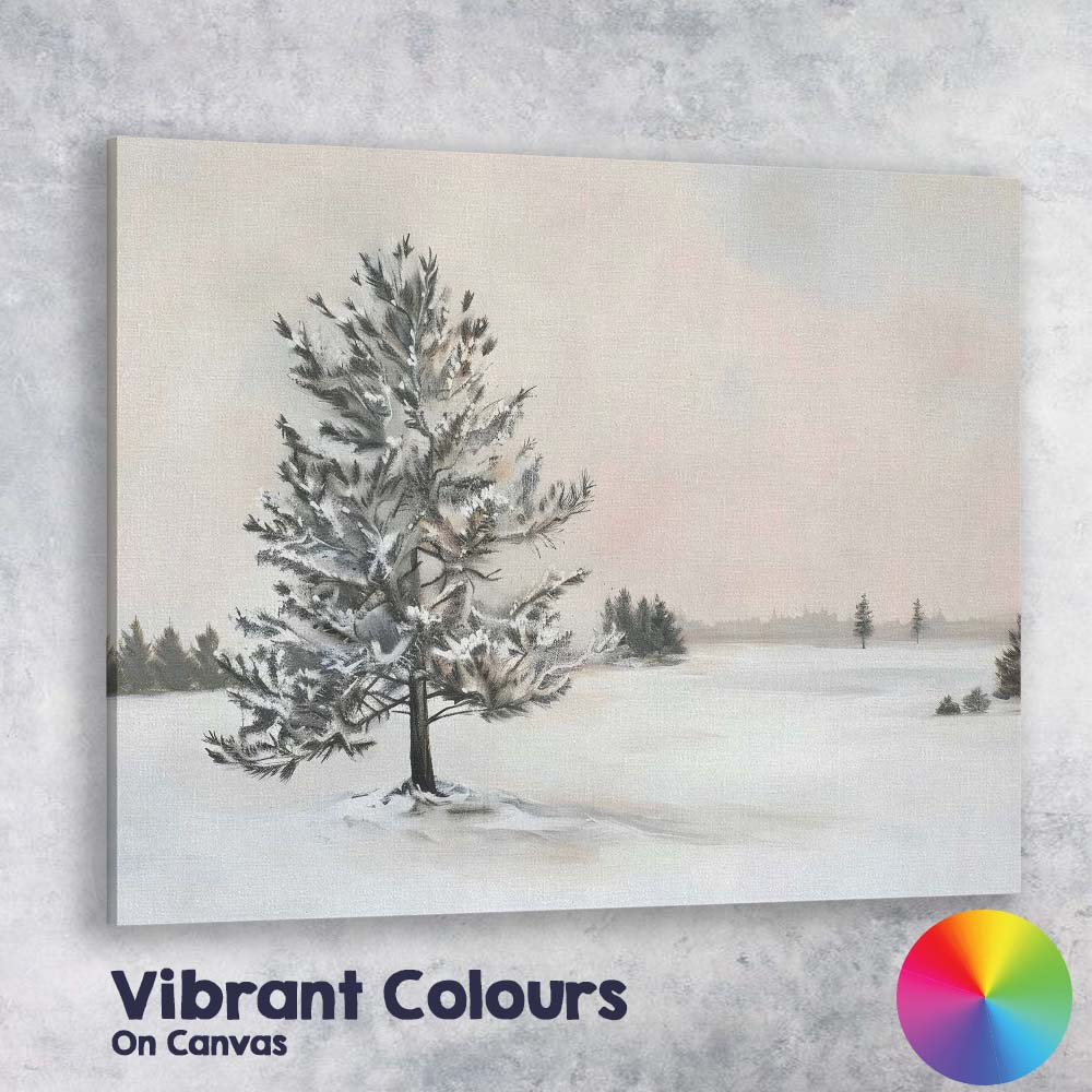 Solitary Snow Covered Pine Tree Minimal Winter Landscape Canvas Wall Art Print Decor Picture Ready to Hang
