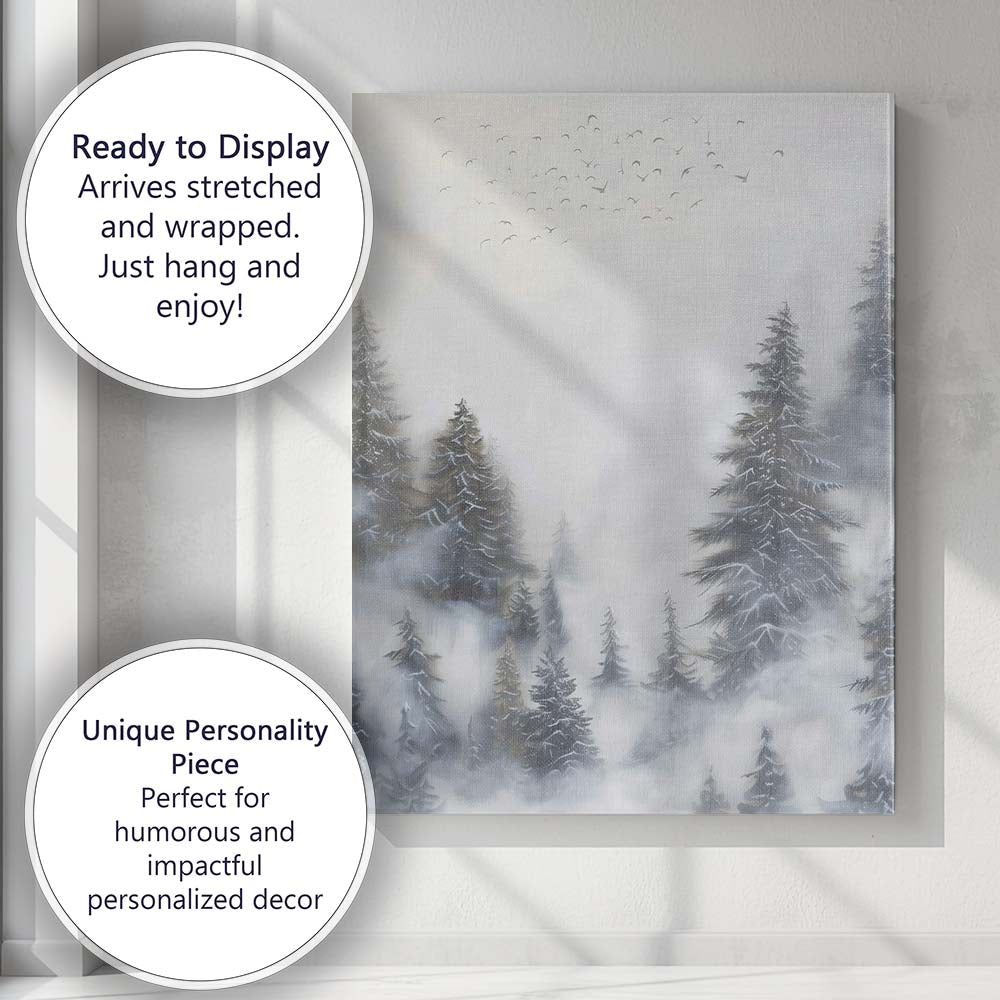 Misty Snowy Pine Forest Landscape With Flying Birds Canvas Wall Art Print Decor Picture Ready to Hang