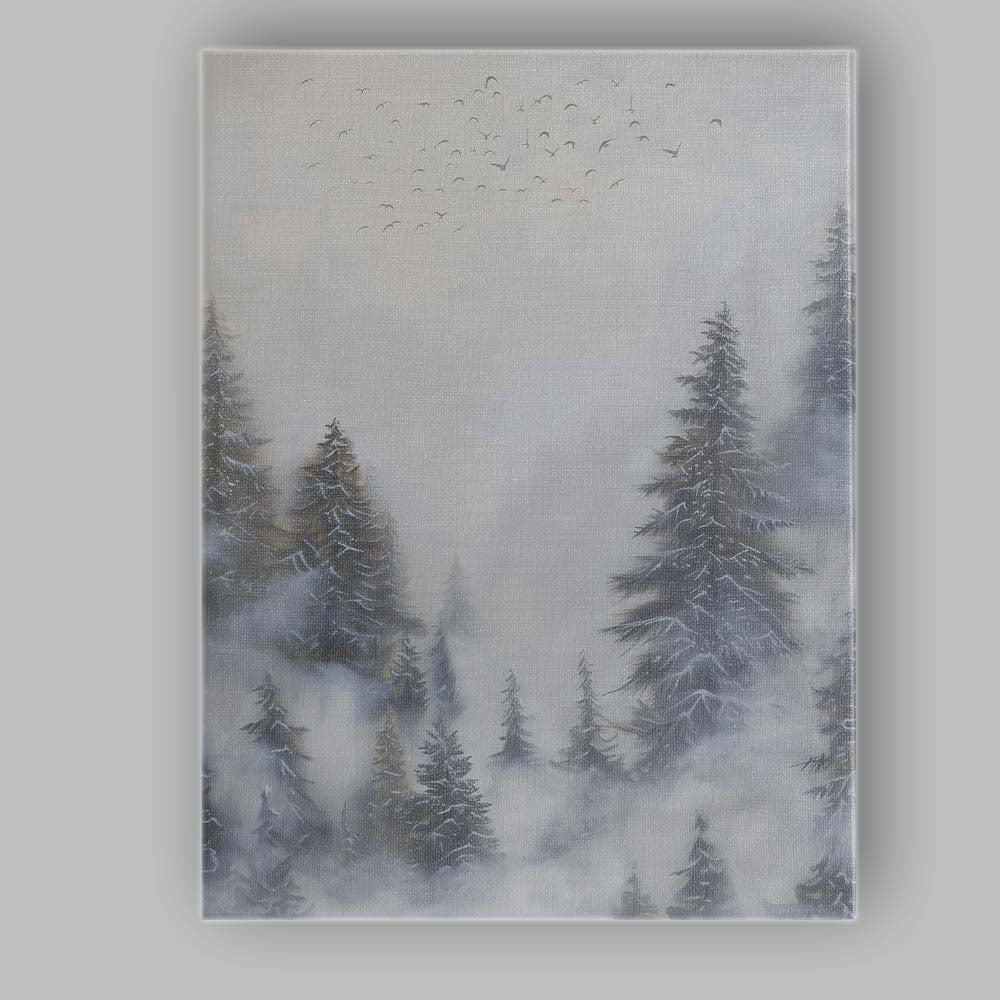 Misty Snowy Pine Forest Landscape With Flying Birds Canvas Wall Art Print Decor Picture Ready to Hang