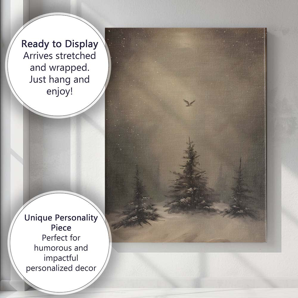 Atmospheric Winter Pine Forest Lone Bird Snow Landscape Canvas Wall Art Print Decor Picture Ready to Hang