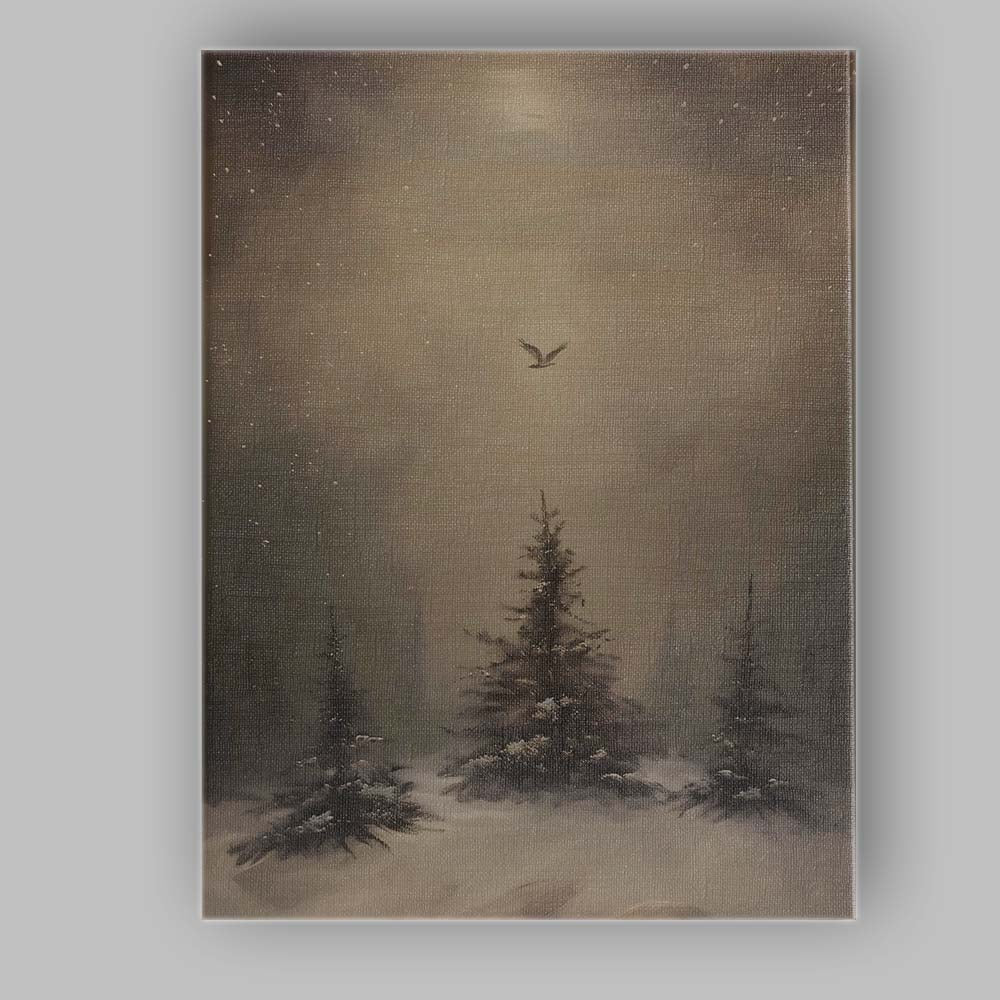 Atmospheric Winter Pine Forest Lone Bird Snow Landscape Canvas Wall Art Print Decor Picture Ready to Hang
