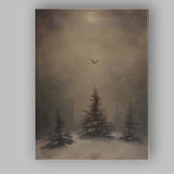 Atmospheric Winter Pine Forest Lone Bird Snow Landscape Canvas Wall Art Print Decor Picture Ready to Hang