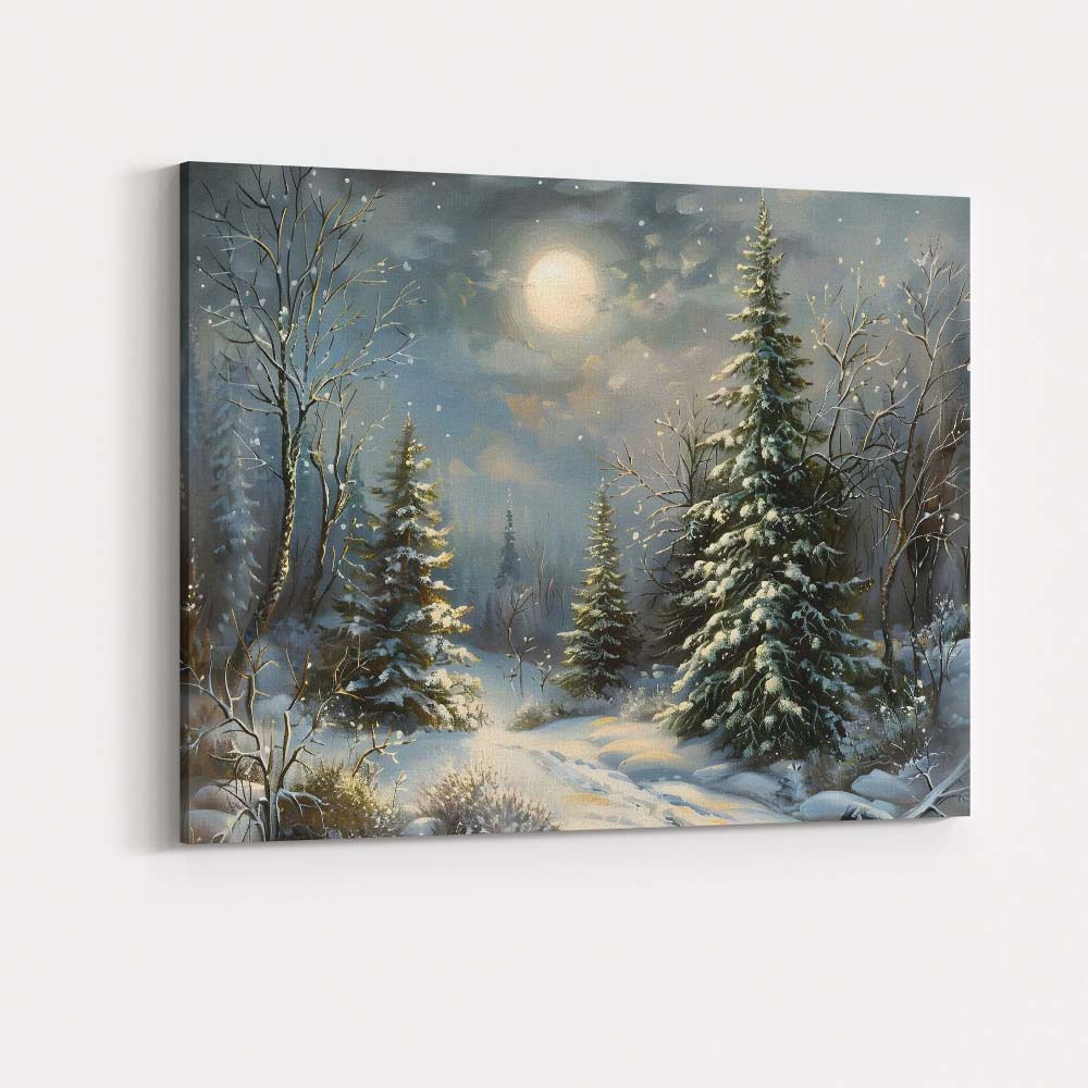Moonlit Snow Covered Pine Forest Winter Landscape Impressionist Canvas Wall Art Print Decor Picture Ready to Hang