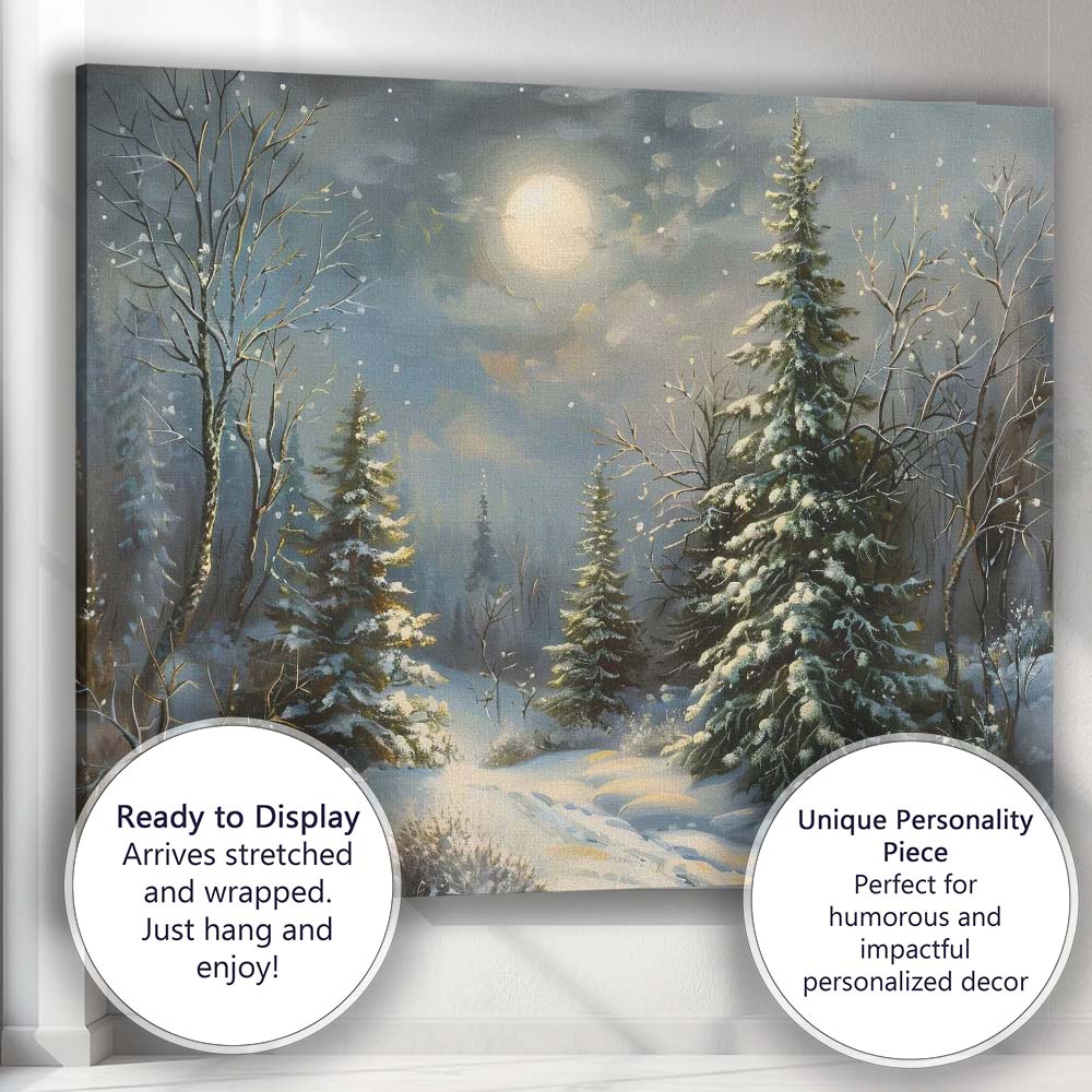 Moonlit Snowy Pine Forest Winter Landscape Canvas Wall Art Print Decor Picture Ready to Hang