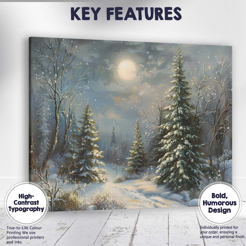 Moonlit Snowy Pine Forest Winter Landscape Canvas Wall Art Print Decor Picture Ready to Hang