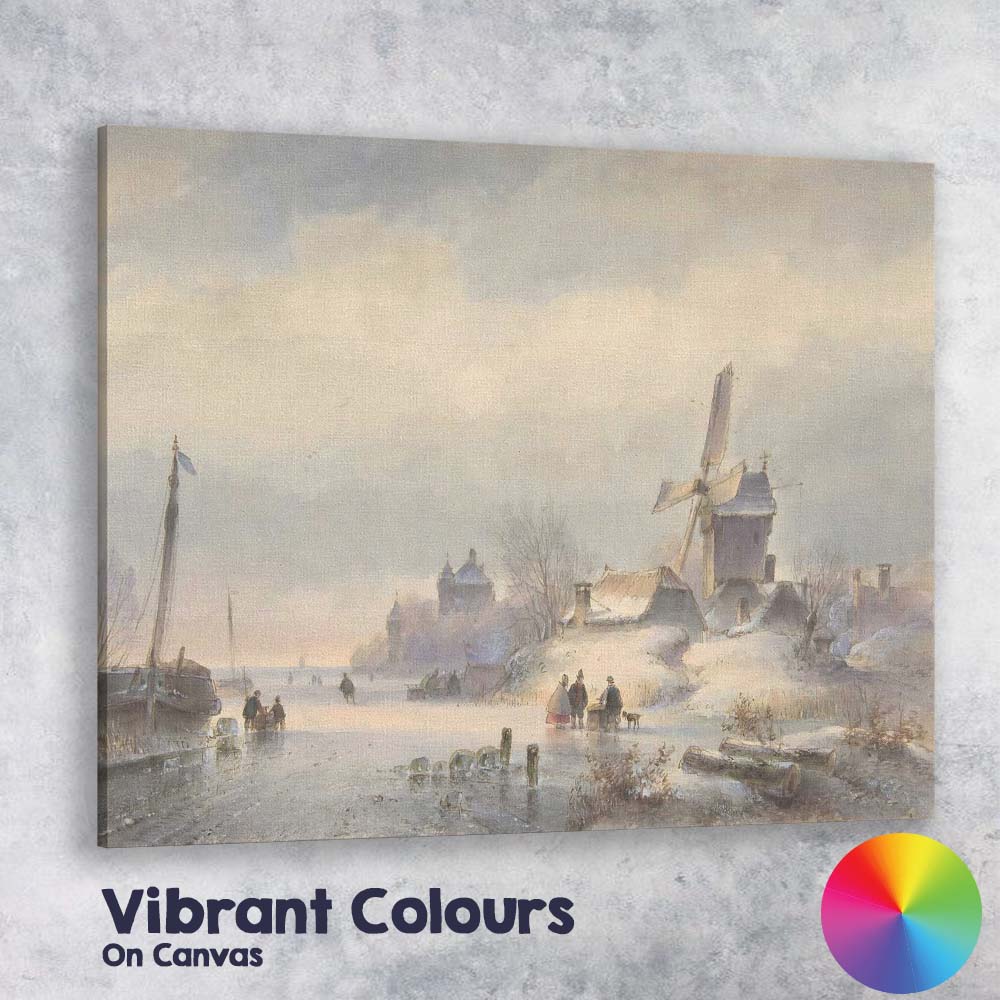 Traditional Snowy Village Windmill Watercolour Landscape Canvas Wall Art Print Decor Picture Ready to Hang