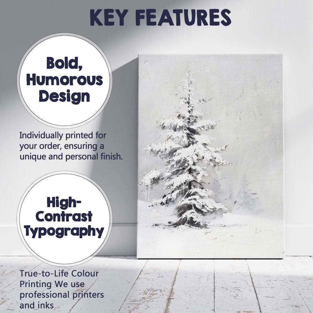 Monochrome Snow Covered Fir Tree Minimalist Winter Canvas Wall Art Print Decor Picture Ready to Hang