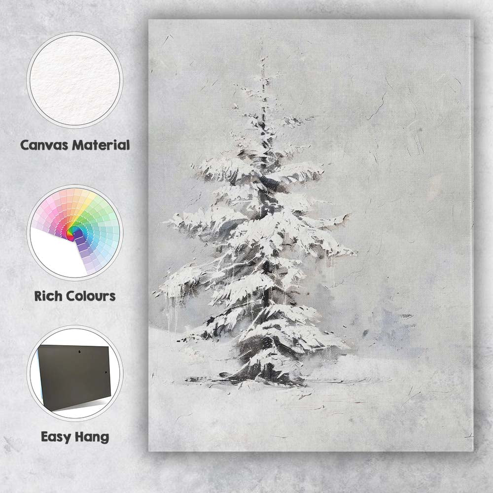 Minimalist Frosted Evergreen Tree Monochrome Winter Painting Canvas Wall Art Print Decor Picture Ready to Hang