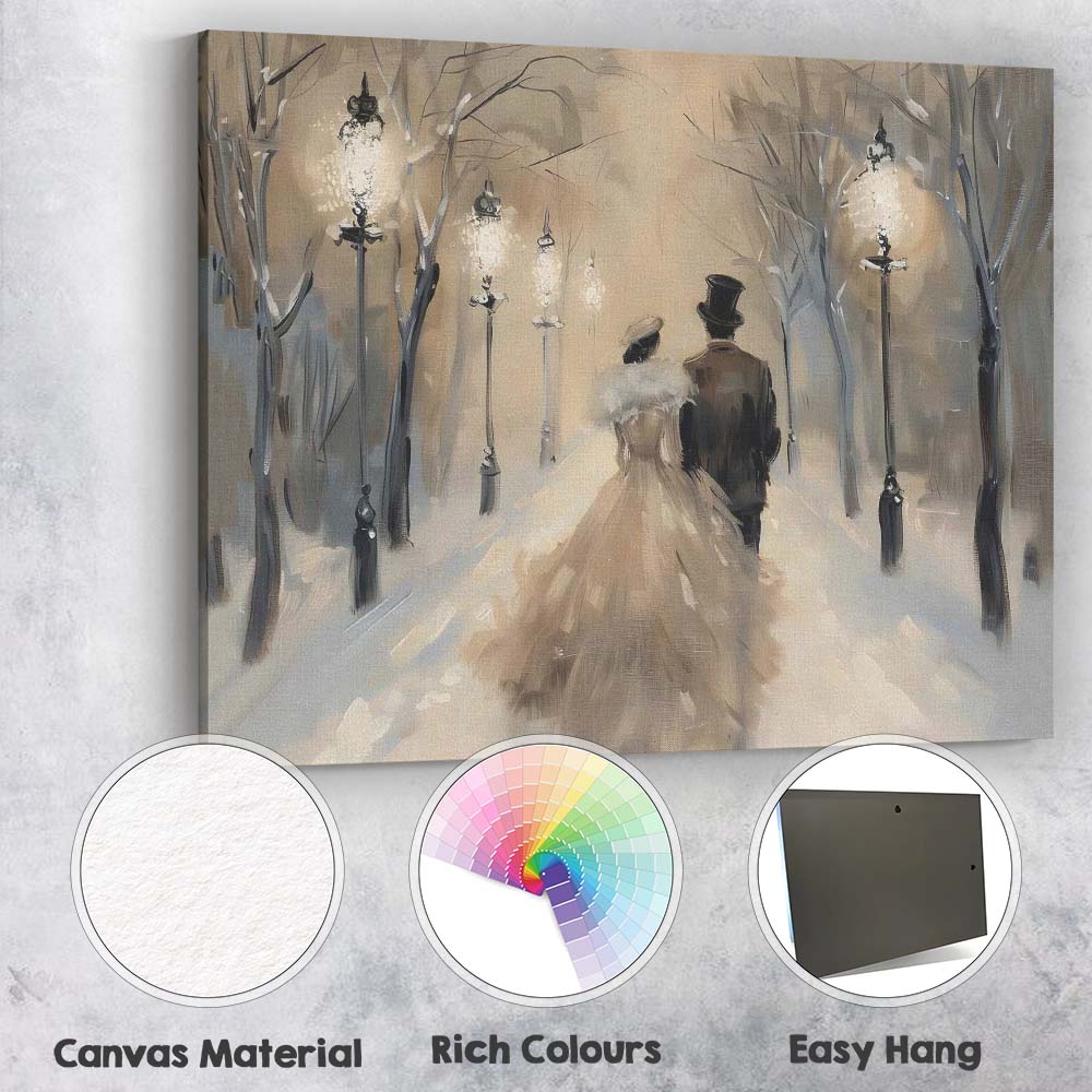 Romantic Victorian Couple Snowy Winter Evening Stroll Canvas Wall Art Print Decor Picture Ready to Hang