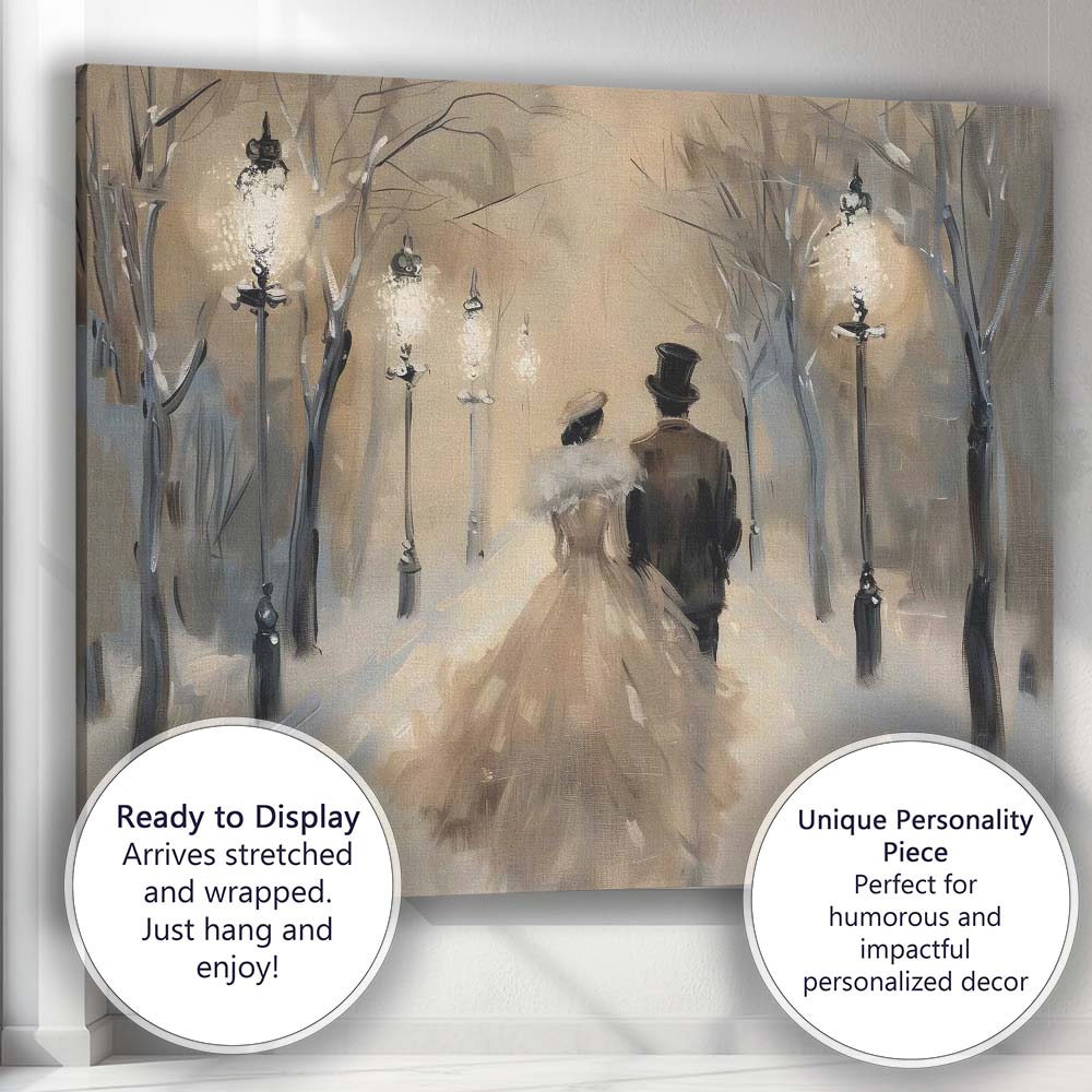 Romantic Victorian Couple Snowy Winter Evening Stroll Canvas Wall Art Print Decor Picture Ready to Hang