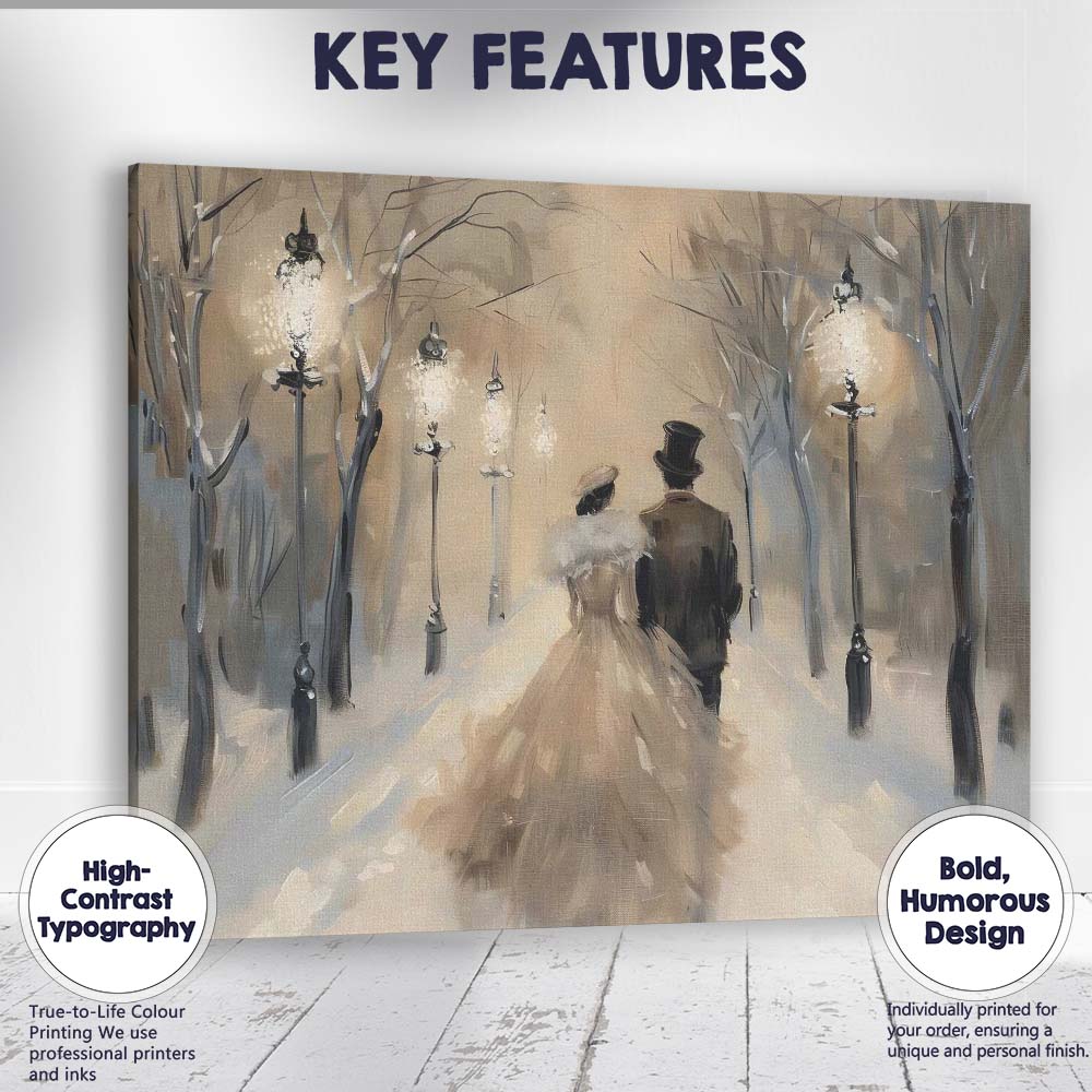 Elegant Victorian Couple Snowy Lantern Walk Winter Romance Canvas Wall Art Print Decor Picture Ready to Hang