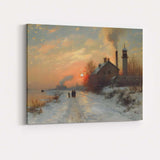 Industrial Winter Sunset Riverside Village Landscape Canvas Wall Art Print Decor Picture Ready to Hang