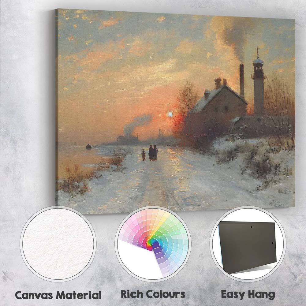Industrial Winter Sunset Riverside Village Landscape Canvas Wall Art Print Decor Picture Ready to Hang