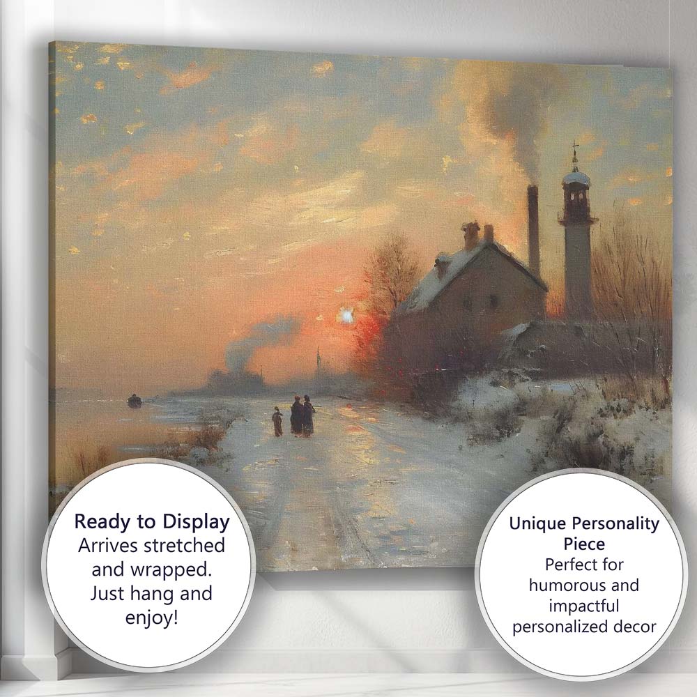 Industrial Winter Sunset Riverside Village Landscape Canvas Wall Art Print Decor Picture Ready to Hang