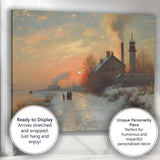 Industrial Winter Sunset Riverside Village Landscape Canvas Wall Art Print Decor Picture Ready to Hang