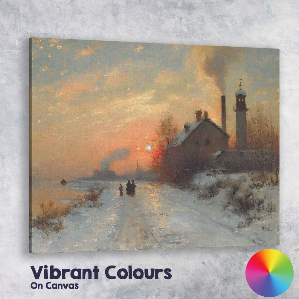 Industrial Winter Sunset Riverside Village Landscape Canvas Wall Art Print Decor Picture Ready to Hang
