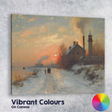 Industrial Winter Sunset Riverside Village Landscape Canvas Wall Art Print Decor Picture Ready to Hang