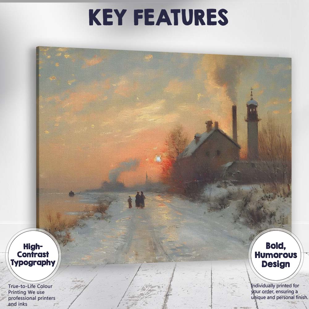 Industrial Winter Sunset Riverside Village Landscape Canvas Wall Art Print Decor Picture Ready to Hang