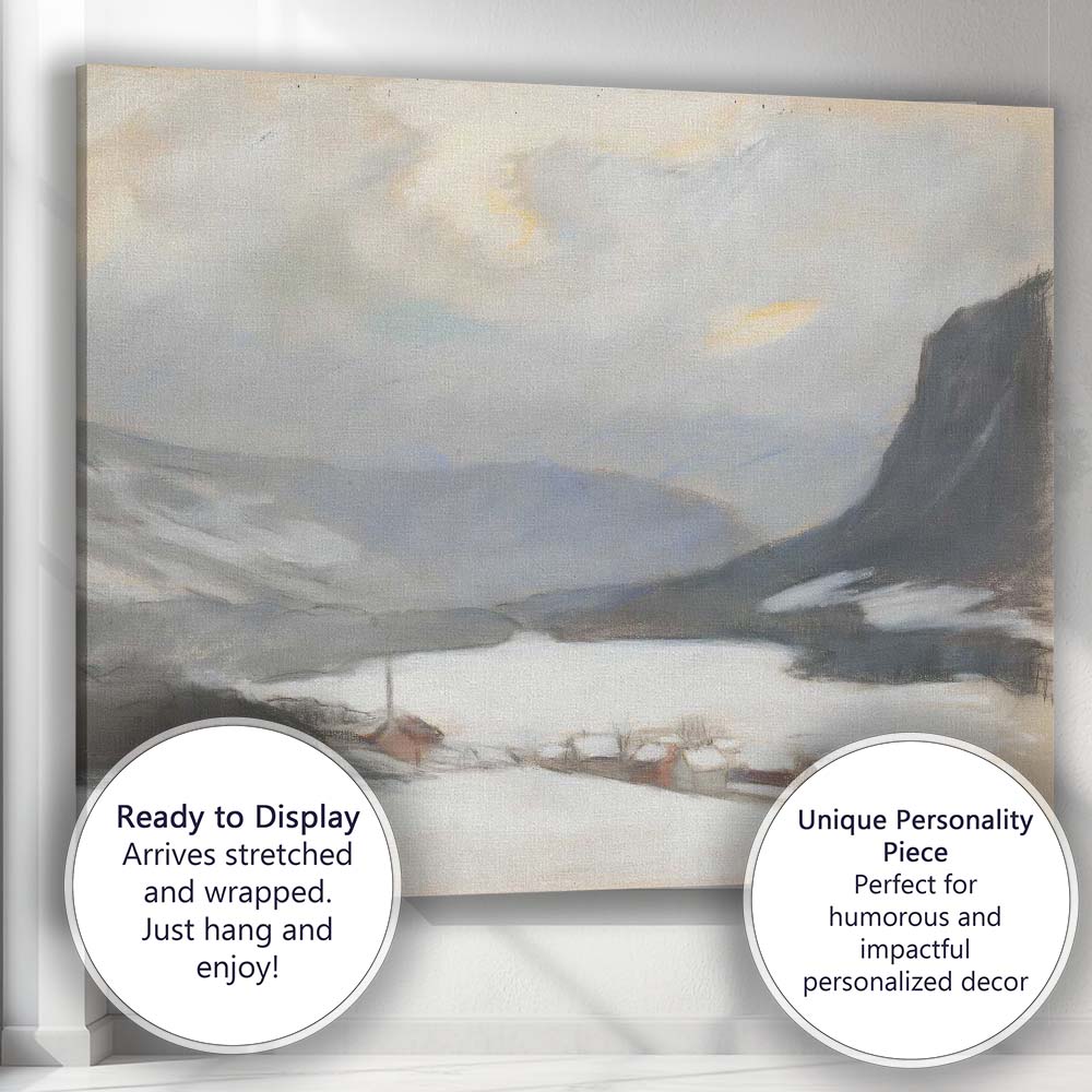 Nordic Fjord Village Snowy Mountain Winter Landscape Canvas Wall Art Print Decor Picture Ready to Hang