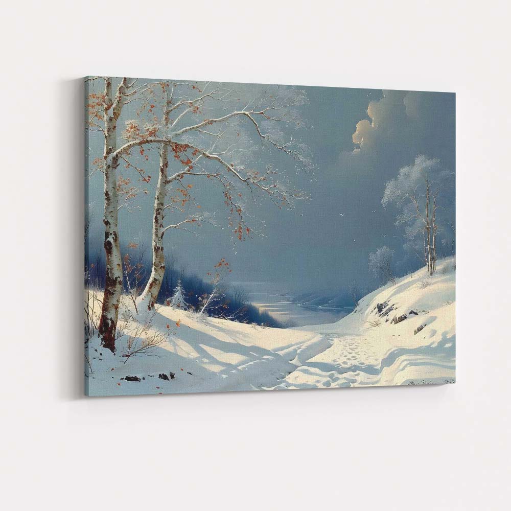 Serene Blue Winter Path Snow Covered Birch Trees Canvas Wall Art Print Decor Picture Ready to Hang