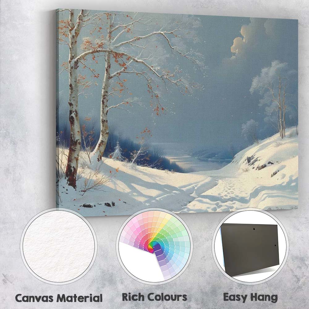 Serene Blue Winter Path Snow Covered Birch Trees Canvas Wall Art Print Decor Picture Ready to Hang