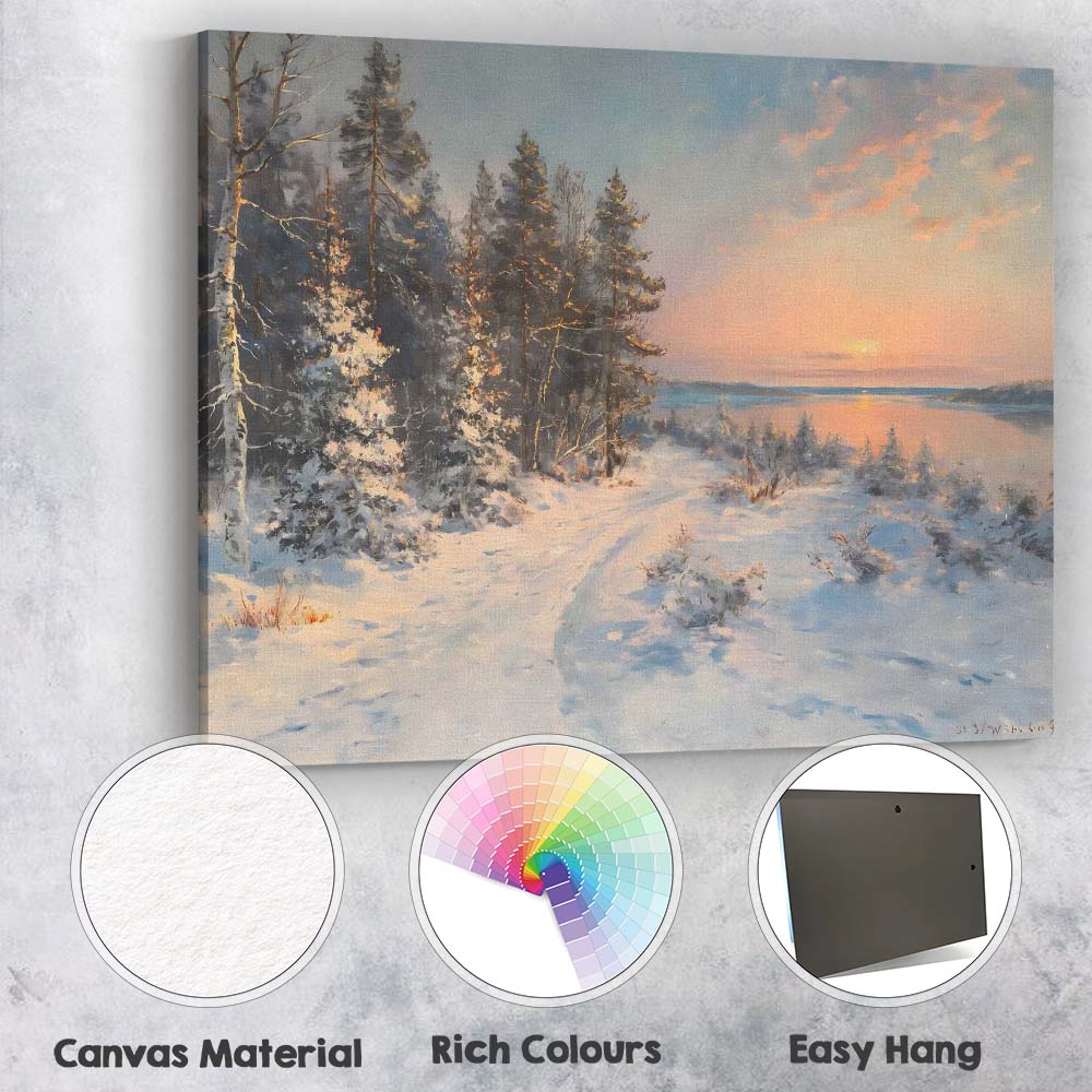 Winter Sunset Snowy Forest Lake View Impressionist Landscape Canvas Wall Art Print Decor Picture Ready to Hang