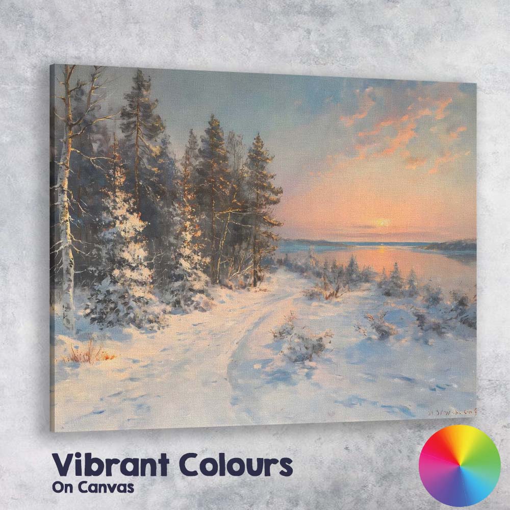 Winter Sunset Snowy Forest Lake View Impressionist Landscape Canvas Wall Art Print Decor Picture Ready to Hang