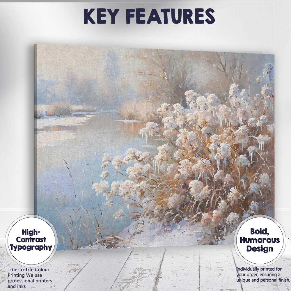 Frosted Wildflowers By Icy River Winter Nature Painting Canvas Wall Art Print Decor Picture Ready to Hang
