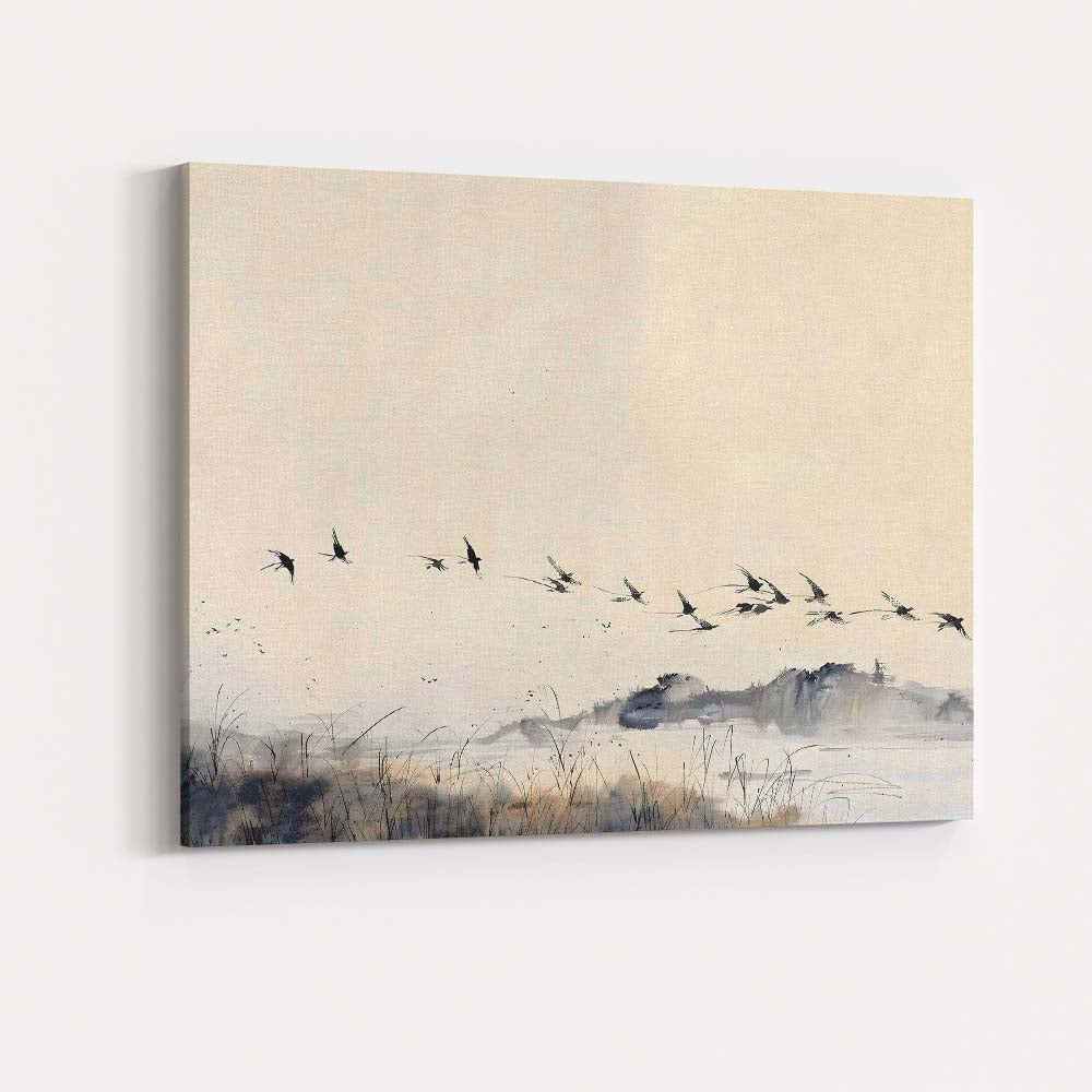 Minimalist Flying Birds Winter Wetland Ink Wash Landscape Canvas Wall Art Print Decor Picture Ready to Hang