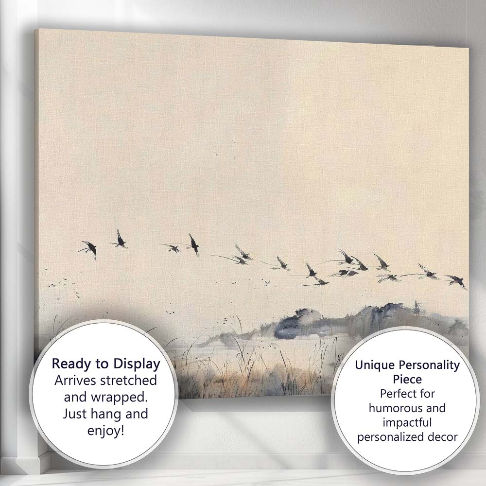 Minimalist Flying Birds Winter Wetland Ink Wash Landscape Canvas Wall Art Print Decor Picture Ready to Hang